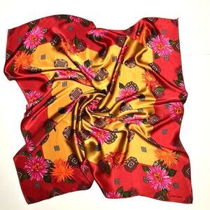 Albert Nipon Silk Square Scarf Gold Red Floral Chrysanthemums Japan